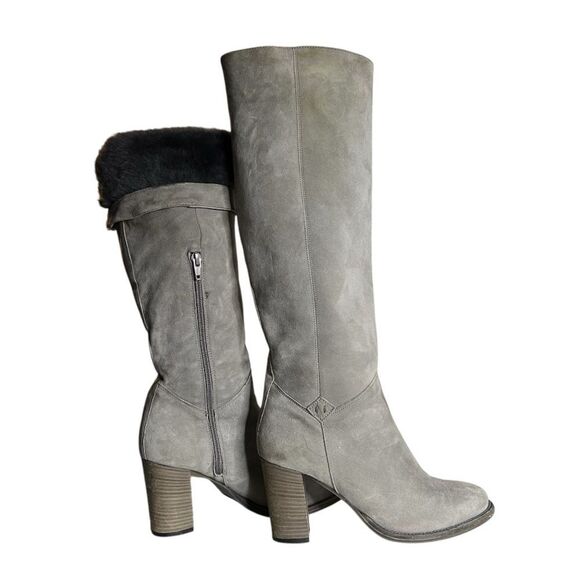 ROSS & SNOW Knee High Suede Boots Taupe Grey Shearling Lining Block Heel Size 8 - Picture 1 of 14